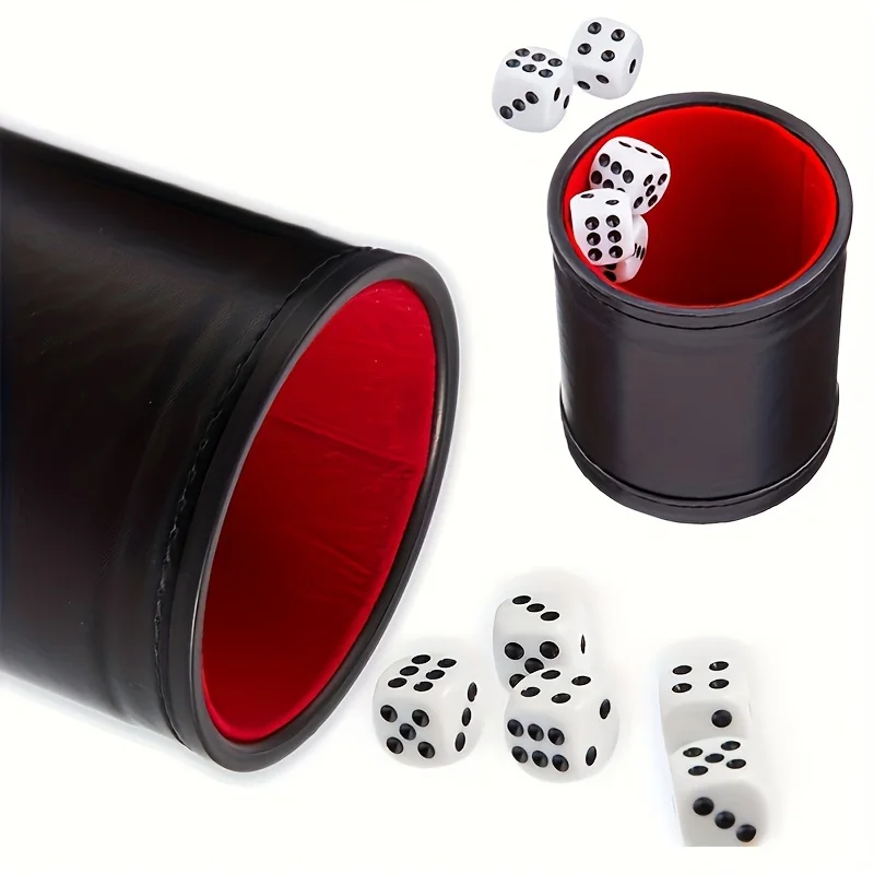 6pcs Professional Shaker Cups  Leather with Velvet Felt-Lined Interior 1 Red Lined Cup and 5 Dice Set