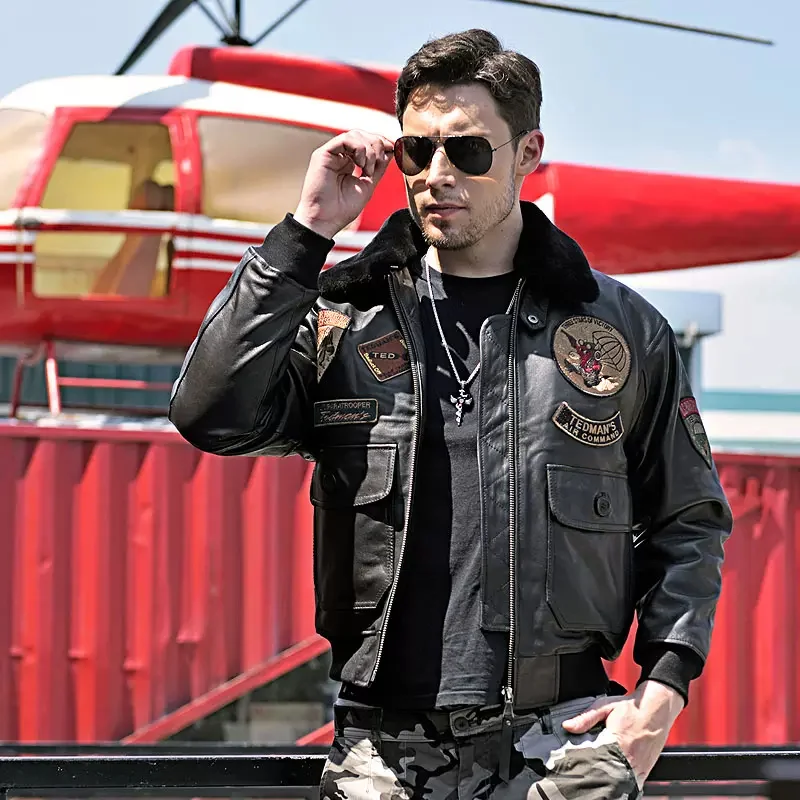 Black Autumn G1 Pilot Leather Jacket Men Military Style Europe Size Natural Soft Sheepskin Aviation Genuine Leather Coat