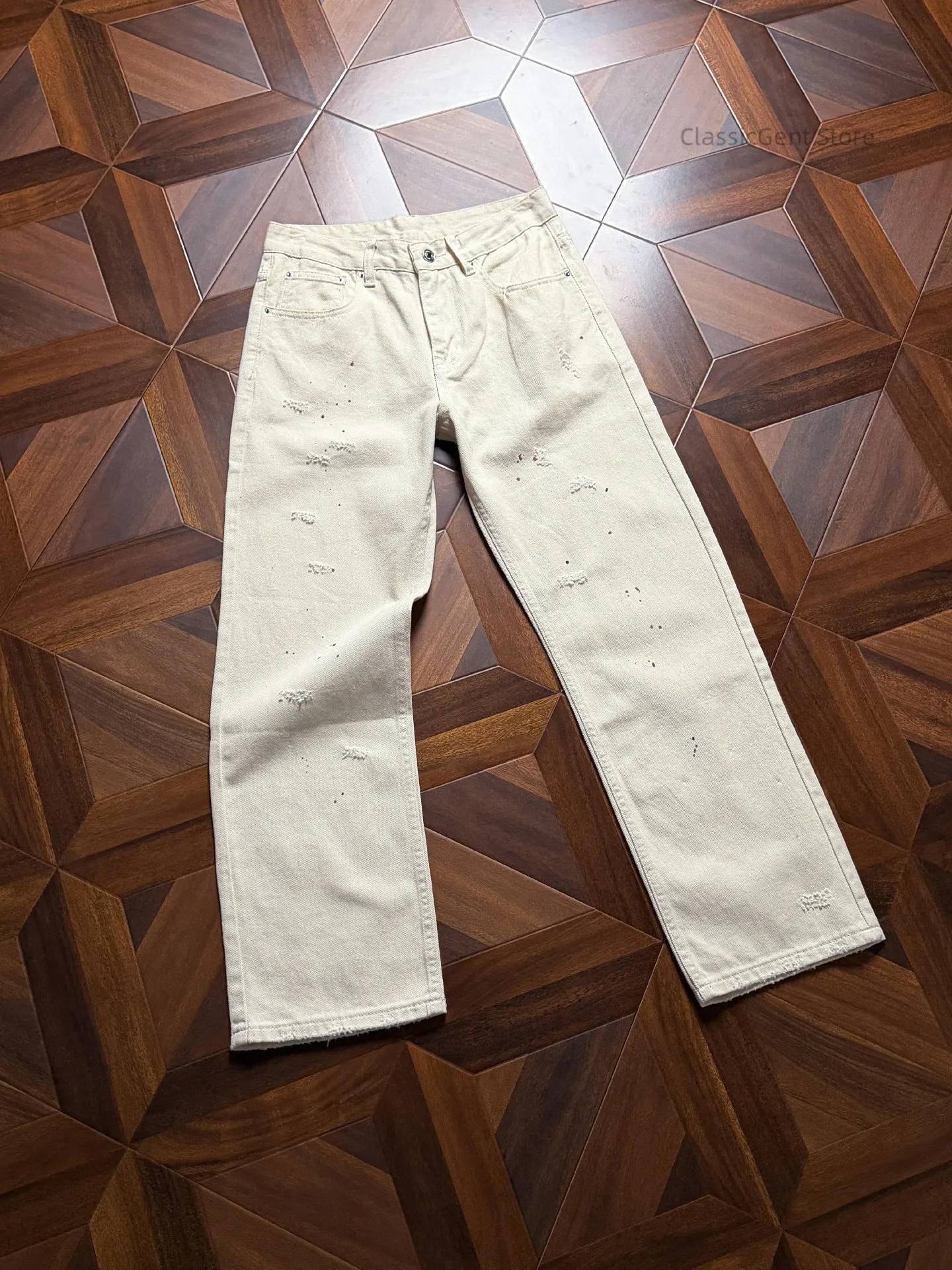 

Handmade rough and scratched milk white straight jeans, artistic splashing ink, rough edge trousers