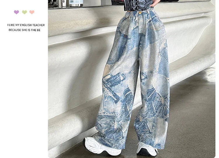 Amerikanischer Stil Mädchen High-Street-Jeans mit Zeitungsaufdruck für Kinder, Gerade, Lose, Weites Bein, Denim-Hosen, Kinder-Y2K-Jeans – Detail 5