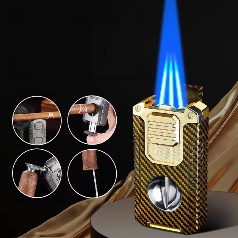 Strong Three Flame Cigar Lighter With V-shaped Cigar Cutter Bottom Cigar Drill Cigar Thru Needle Visual Gas Window Gift For Men