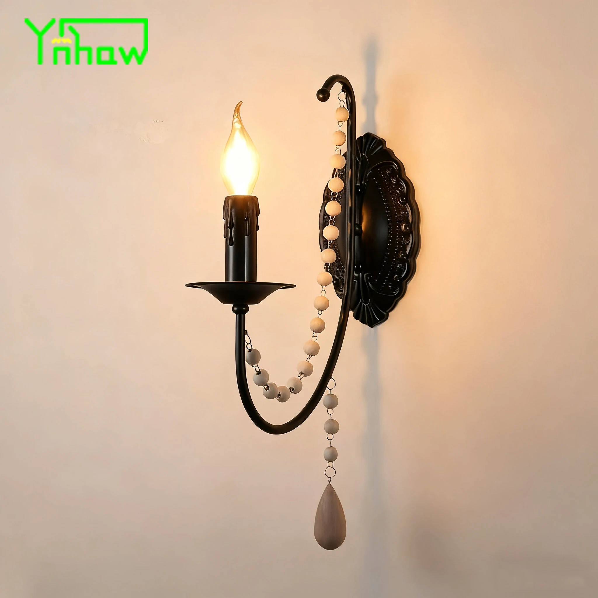 

French Black Nanyang Style Wood Bead Decor Wall Lamp for Bedroom Headboard Balcony Corridor Living Room Background Wall