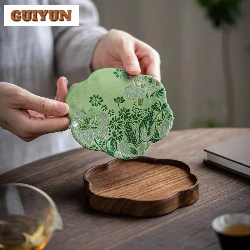 Handmade Black Walnut Teapot Holder Exquisite Brocade Cloth Coaster Creative Dry Brew Table Tea Tray Tea Ceremony Craft Gifts