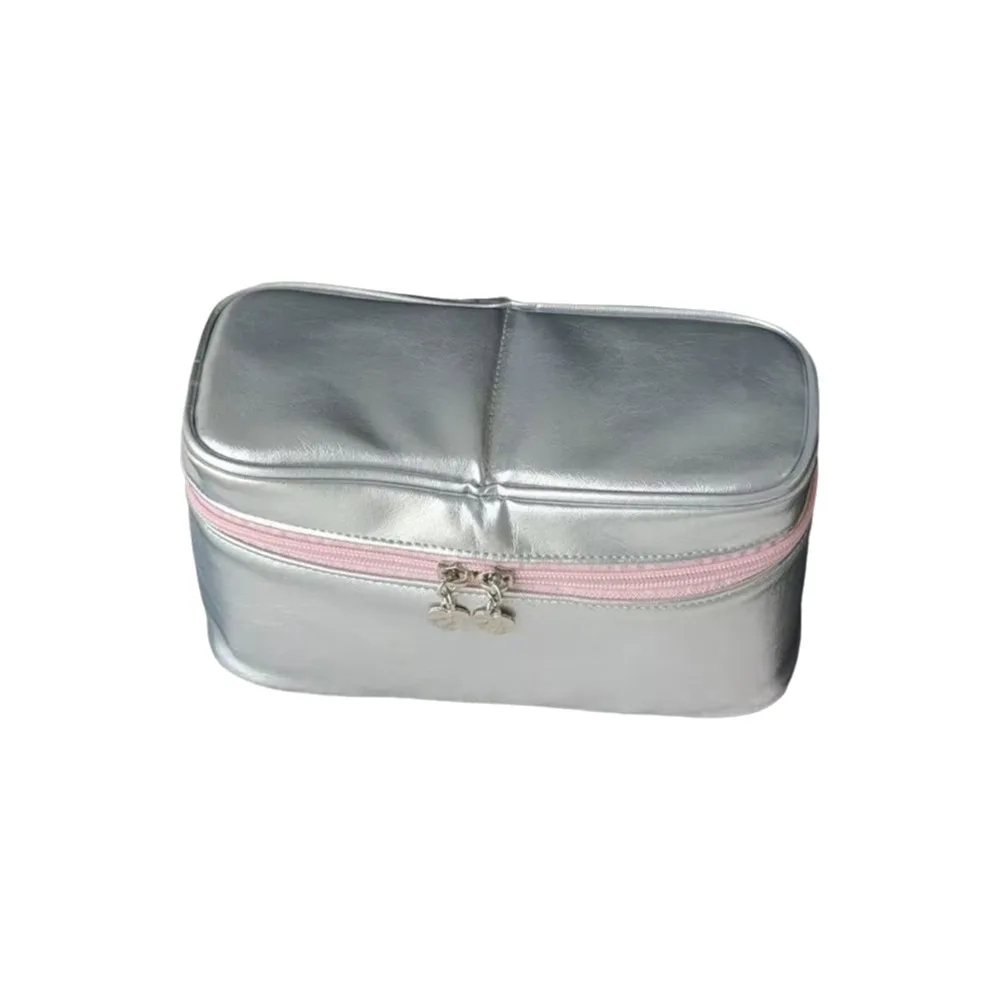 PU Leather Silver Makeup Bag Large Capacity Detachable Cosmetic Storage Pouch Multi-functional with Handle
