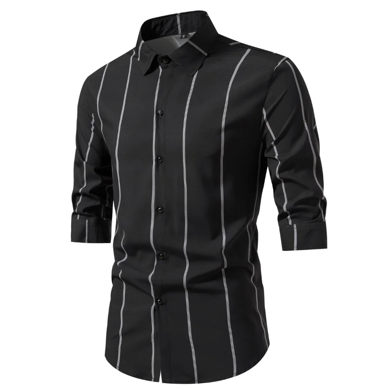 Camisa de alta calidad para hombre, camisa informal holgada de seda transpirable, diseño de rayas lisas, camisas completas de manga larga con cuello vuelto, novedad de 2023