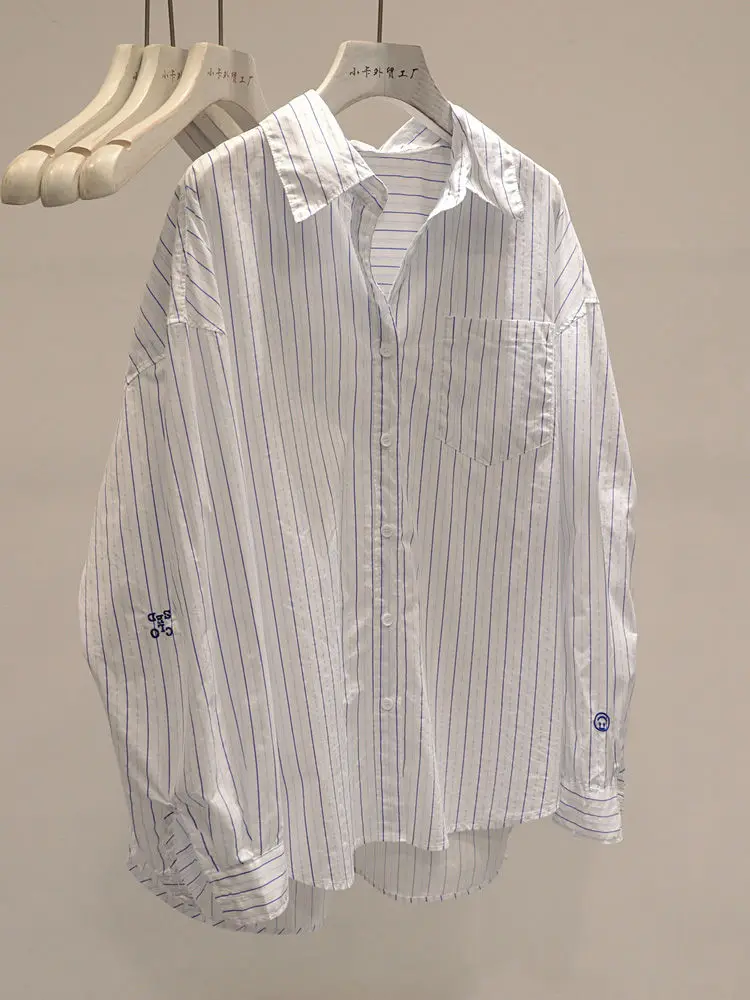 

Весенняя новая полосатая рубашка с длинными рукавами и вышивкой, женский офисный универсальный свободный топ средней длины