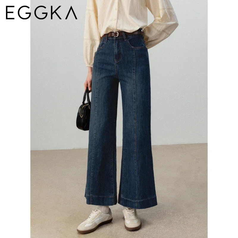 

EGGKA Vintage Flare Denim Pants for Women High Waist Straight Jeans Slim Retro Design Jean with Pockets 2024 Y2k Fashion Bottom