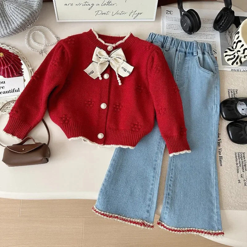 Girls Clothes Sets Autumn Winter Knittd Cardigan+Jeans Fall Children Princess Clothes Suits Christmas Girls Outfits Set 2-8Yrs