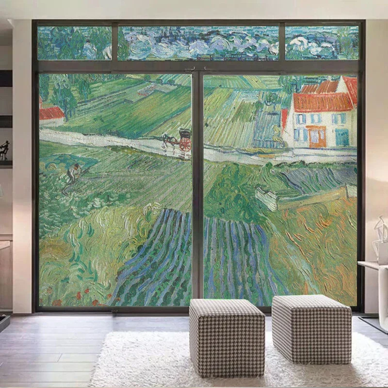 Privacy Windows Film Decorative Van Gogh Stained Glass Window Stickers No Glue Static Cling Frosted Windows Film for Home