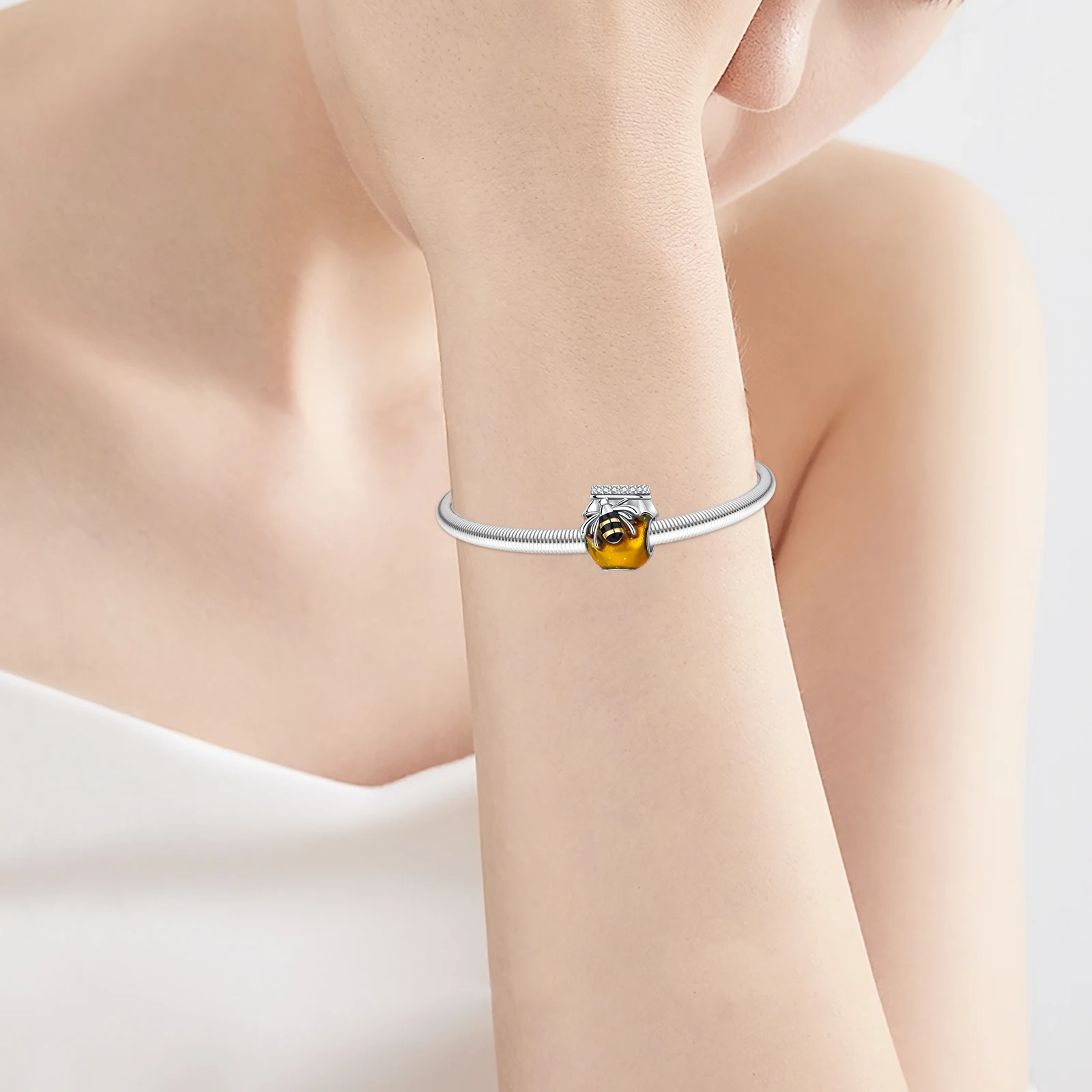 925 Sterling Silver Bee Honey jar Yellow series pandent Charm Fit Bracelet DIY Bead Ms Premium Jewelry Valentine's Birthday Gift