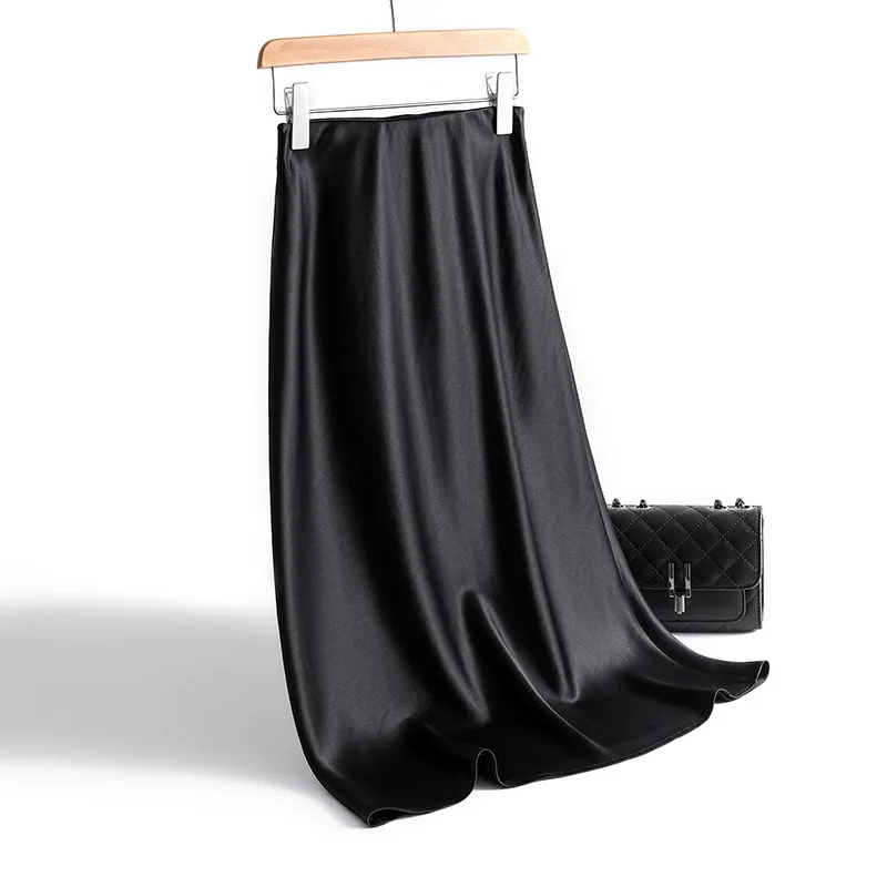 Pingente de seda ácido acético cetim reto uma saia média e longa verão respirável saia tamanho grande alto sentido