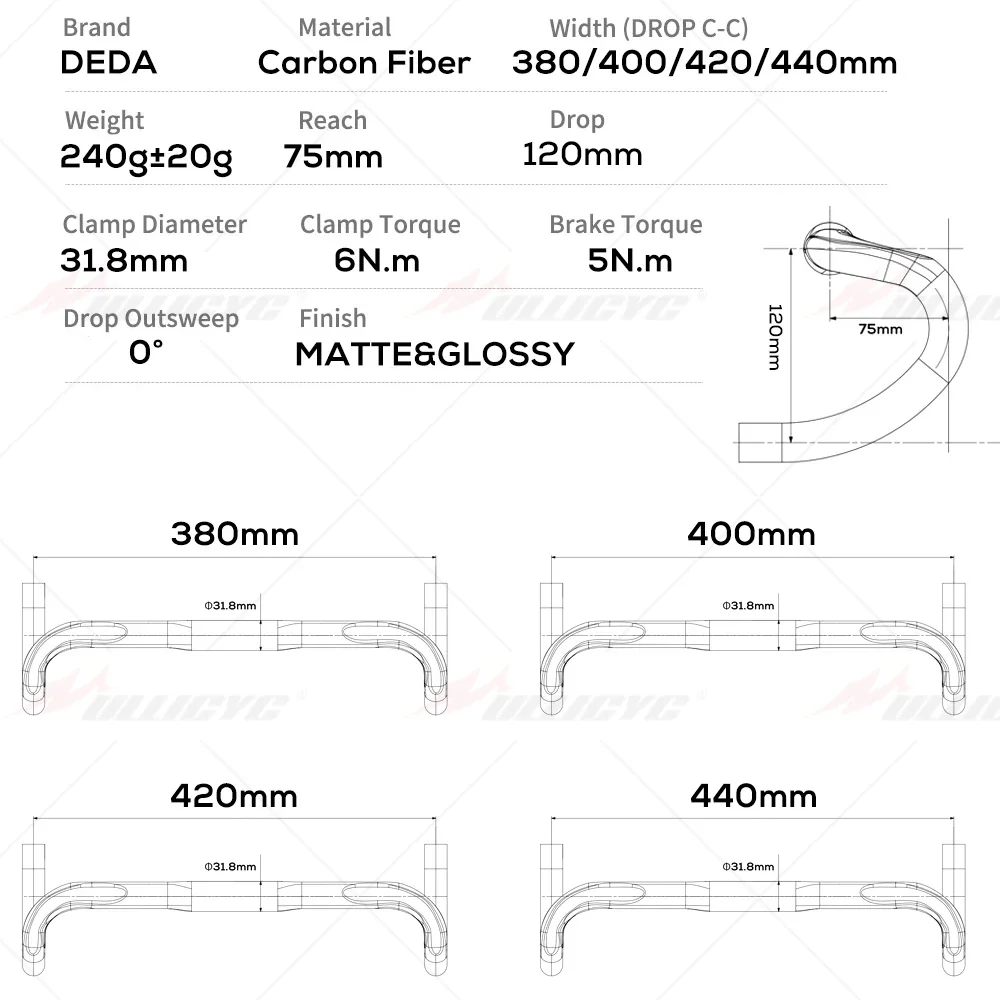 DEDA ZERO 100 Road Bicycle Carbon Handlebar External Routing Road Bike Handlebars 380/400/420/440mm  31.8mm Bike Accessories