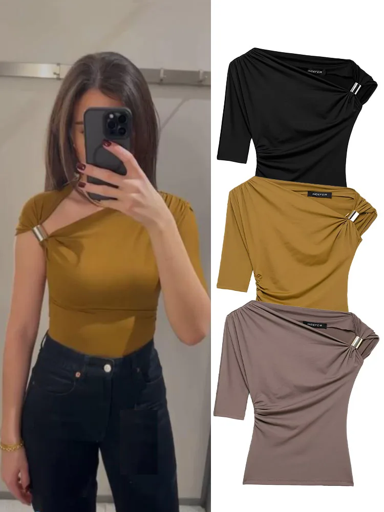 

TRAFZA Women's 2025 Spring New Asymmetrical Slim Metal Button Nylon Simple Top Female Fashion Vintage Pullover Short Sleeve Top