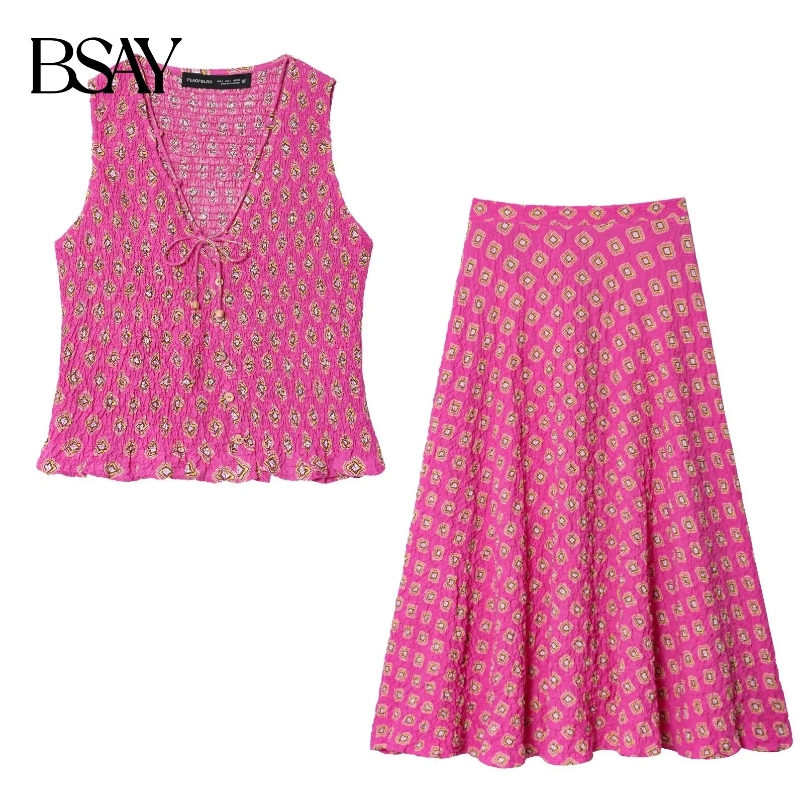 BSAY Autumn Women's New 2025 Vacation Style Honeycomb Grid Printed V-neck Sleeveless Top or High Waist Printed Midi Skirt