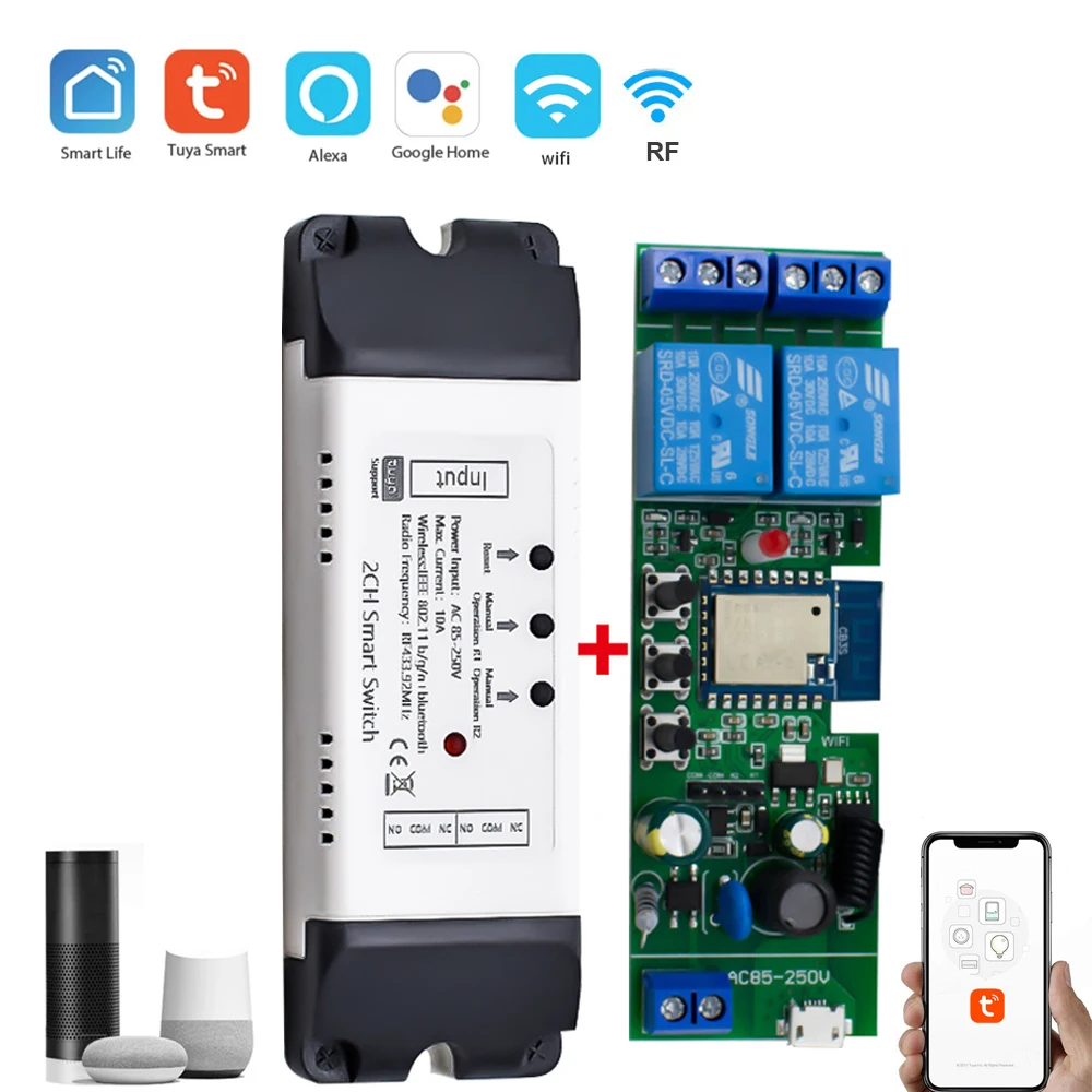 1 2 4CH RF Smart Switch 12V 24V 220V 230V AC DC WIFI Tuya Remote Control 433 Light Motor Switch 10A Relay Module Self-locking