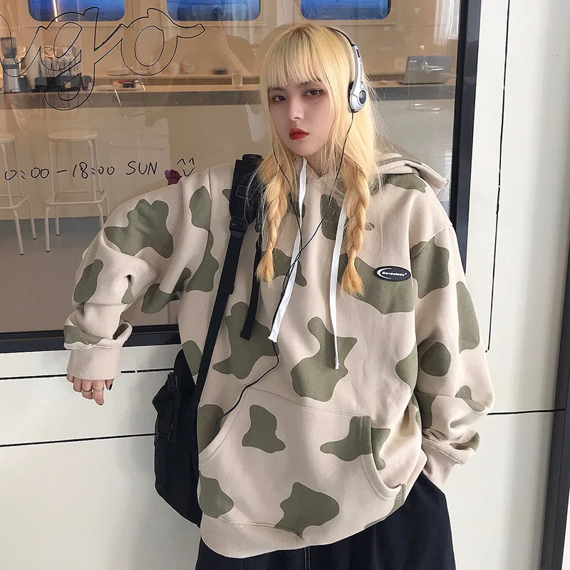 

Winter Women Cute Cow Print Oversized Hoodie Hooded Sweatshirt Ladies New Casual Loose Print Winter Warm Pocket Pullover Ladies