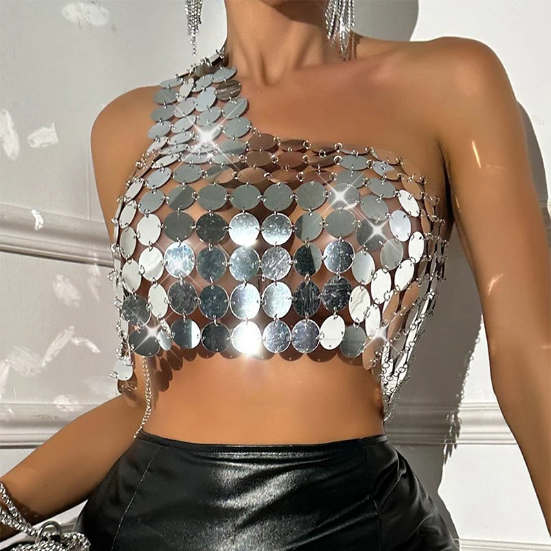 Ladies Silver Coin Top Women One Shoulder Sequin Disc Chainmail Crop Top