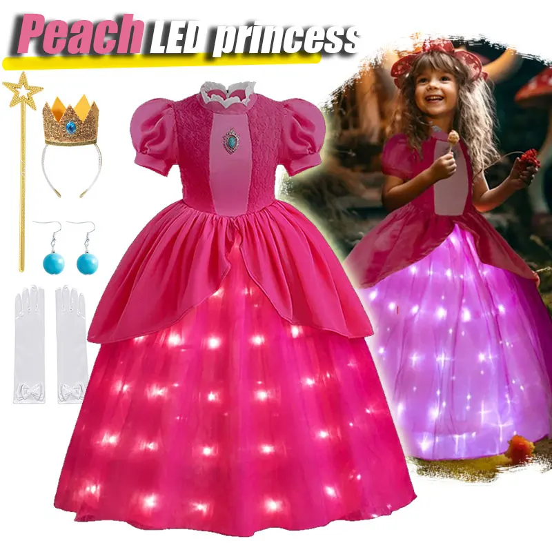 Vestido de princesa de lujo para niñas, disfraz de Cosplay de melocotón, Deluxe, hasta el suelo, LED, brillante, vestidos de fiesta