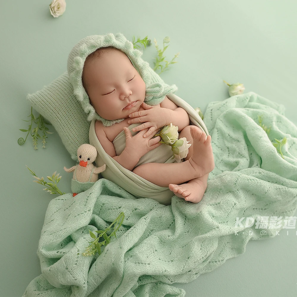 Newborn Photography Props Kit Elastic Wrapping Knitted Hat Pillow Doll Decoration Props Studio 0-1 Month Baby Green Photo Theme