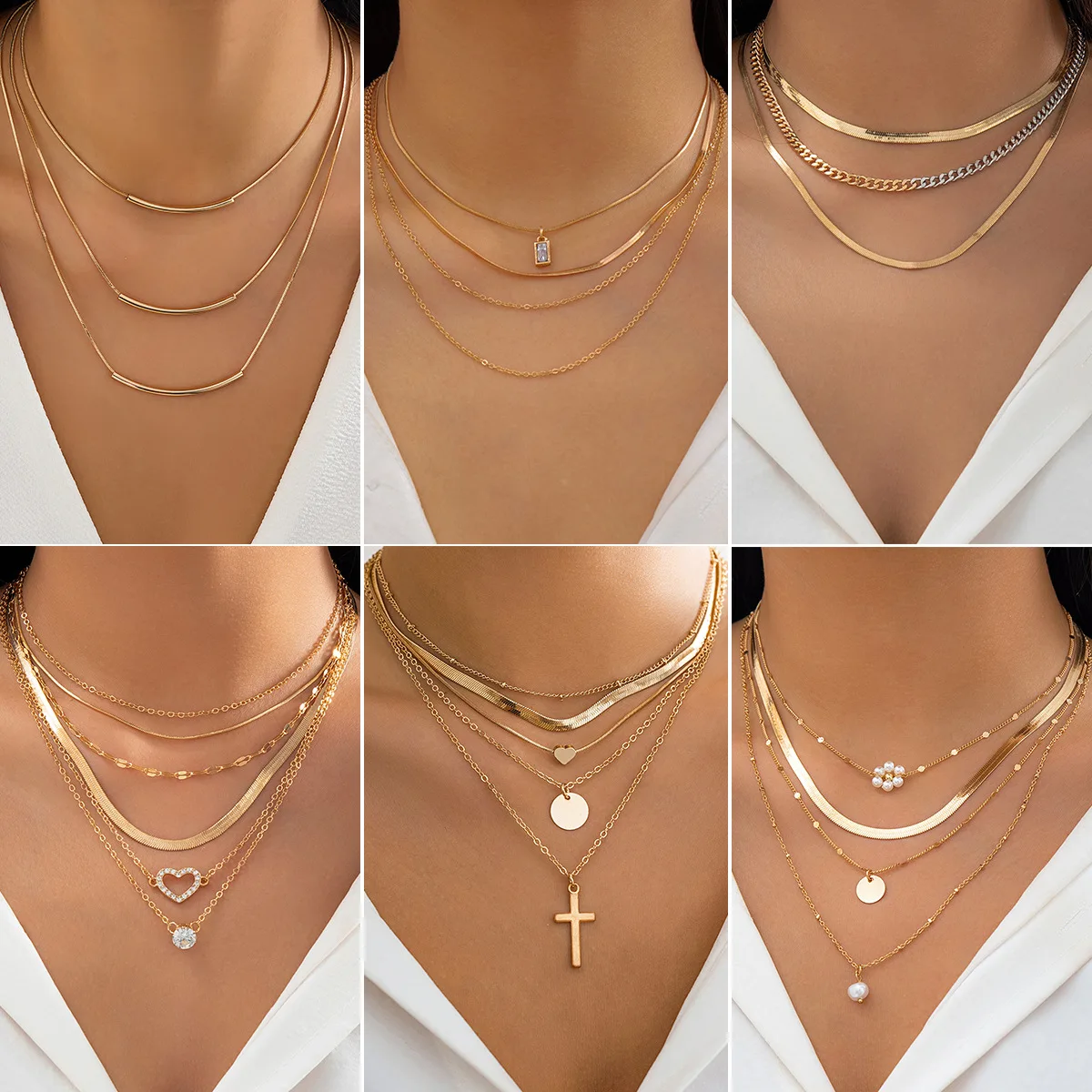 Snake Chain Necklace Color Block Crystal Multilayer Heart Pendant Rhinestone Adjustable Premium Jewelry for Women Lightweight
