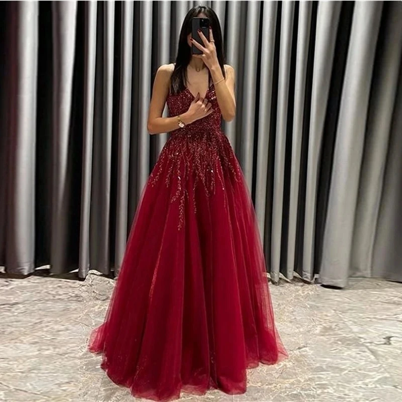 

ANGELSBRIDEP Burgundy Elegant V-Neck Prom Dresses Spaghetti Straps Sequined Tulle Long A Line Robe De Ssoirée Evening Party Gown