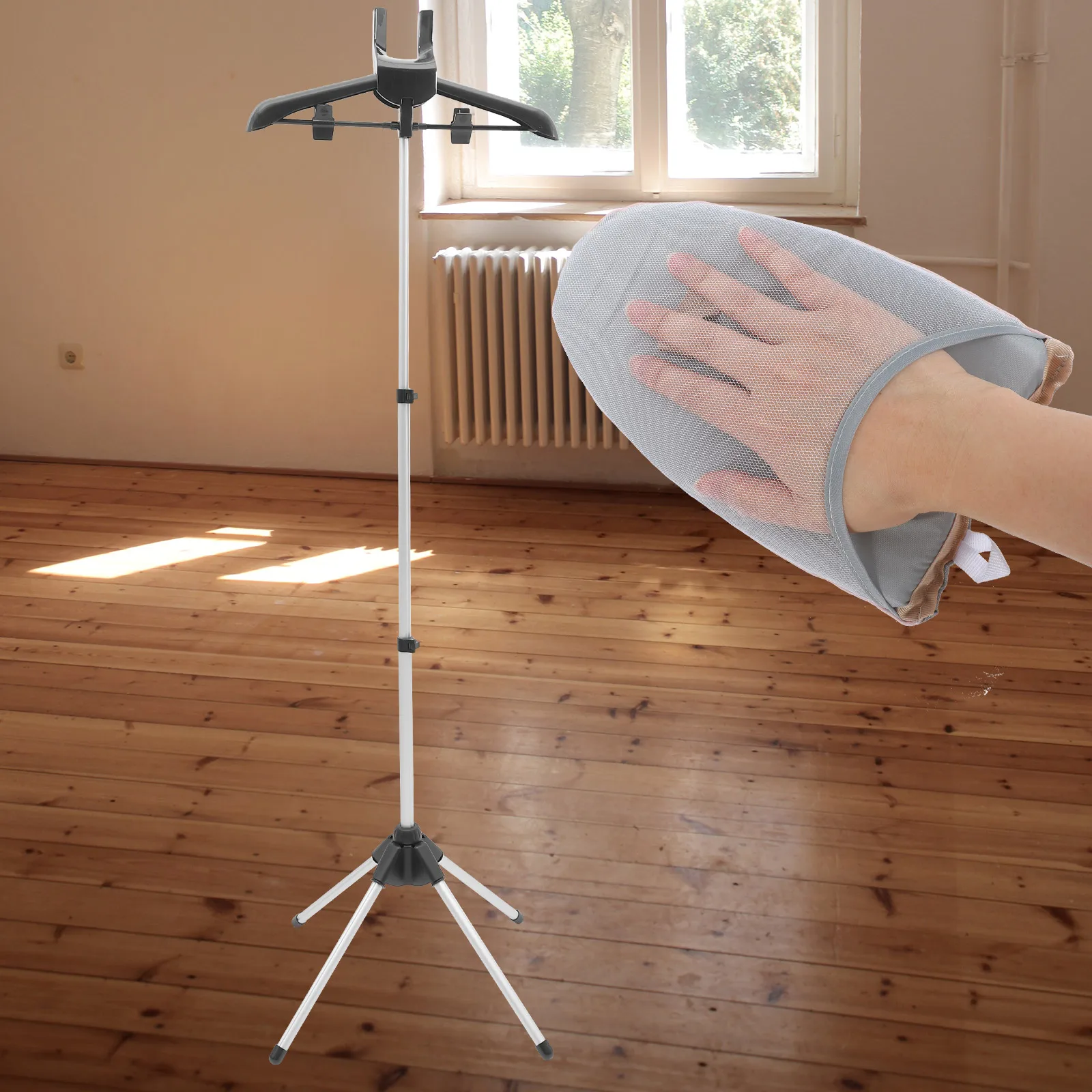 

1Set Adjustable Foldable Garment Steamer Hanger Small Size Clothes Steaming Rack with Wrist Protection Glove Coat Drying Rack