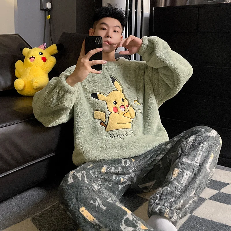 Pokémon Pikachu Men's Autumn and Winter Coral Fleece Fleece Thickened Crew Neck Pajamas Cartoon Warm Long Loungewear