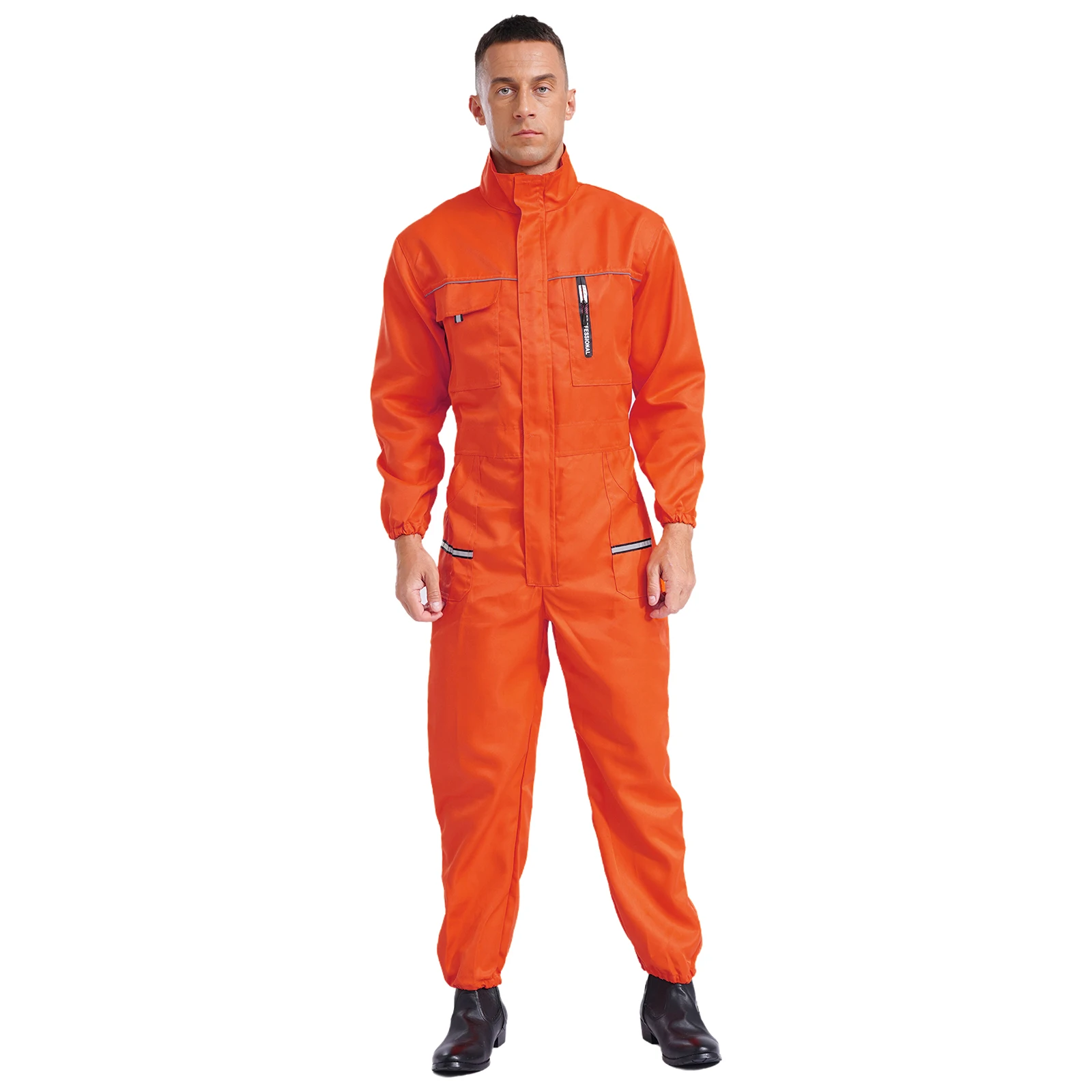 

Mens Coveralls Reflective Stripes Overalls Workshop Uniforms Long Sleeve Zipper Jumpsuit with Pockets Factory Workshop Work Wear