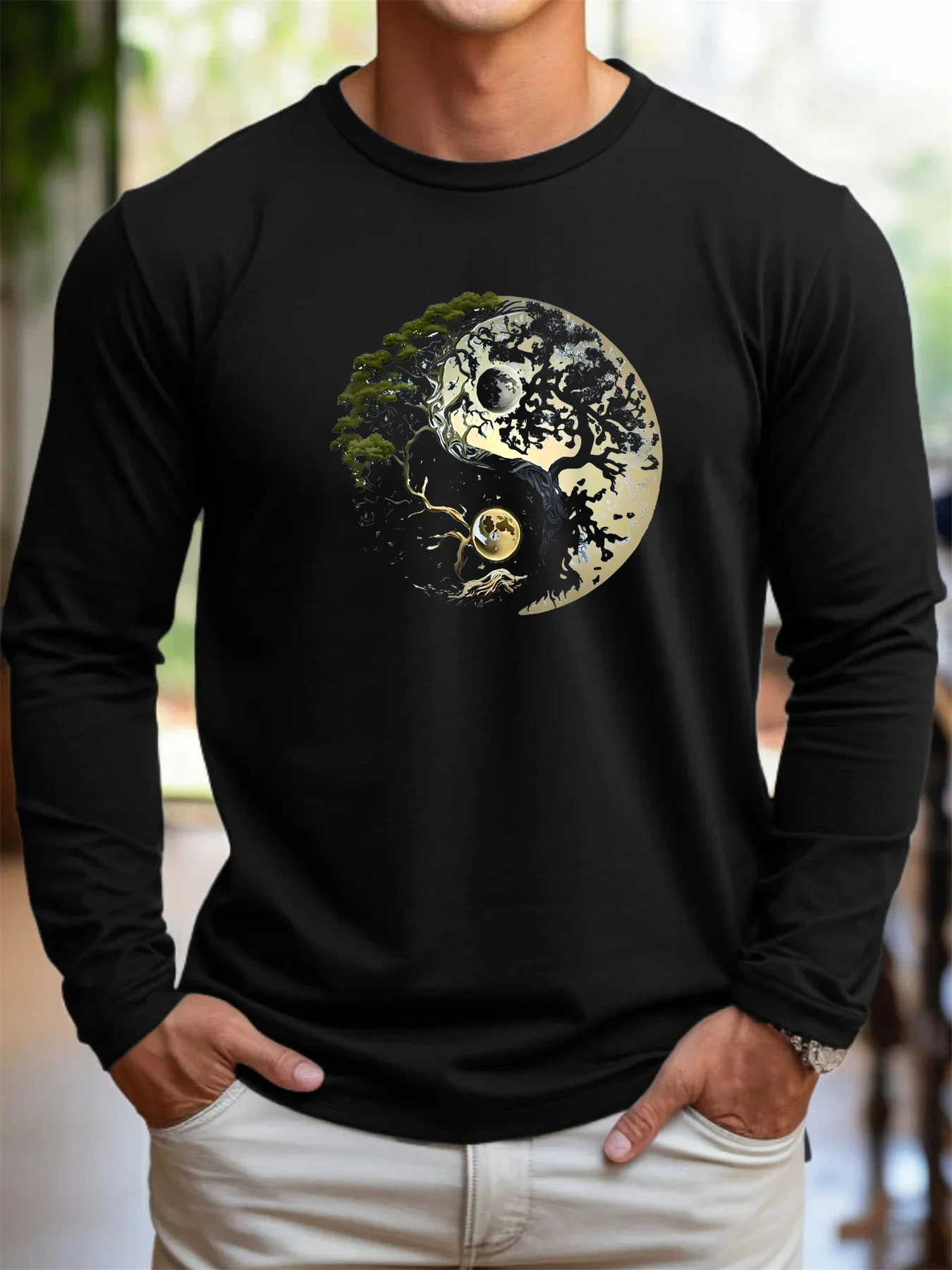 2026 الرجال الأساسية فضفاضة ومريحة عارضة الرياضة يين يانغ شجرة نمط مطبوعة جولة الرقبة الدافئة طويلة الأكمام تي شيرت أعلى