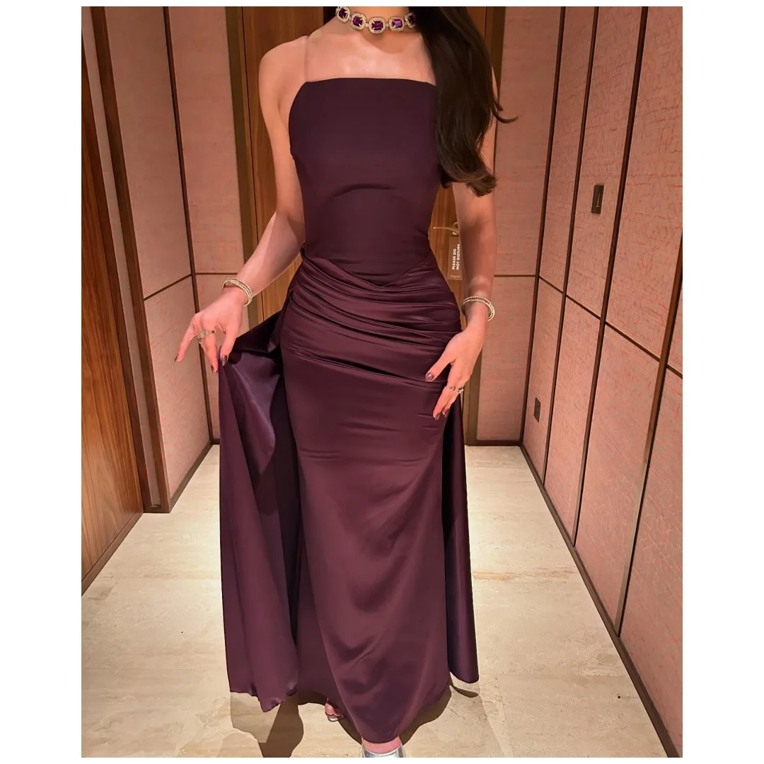 

Mina Customized Pleats Luxurious Women's Evening Dresses for Special Occasions Transparent Shoulder Strap Prom Dress Sleeveless