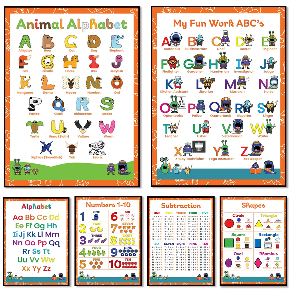 Shapes, Multiplication Subtraction Addition Math Printable for Kids, ABC Letter Art, Educational Poster for Toddler Classroom