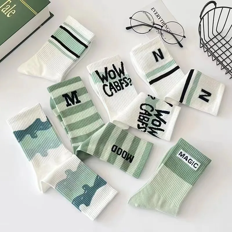 3/7 Pairs Women Striped Printed Mid Tube Socks Spring Summer Breathable Fashionable Letter Printed Street Style Casual Socks