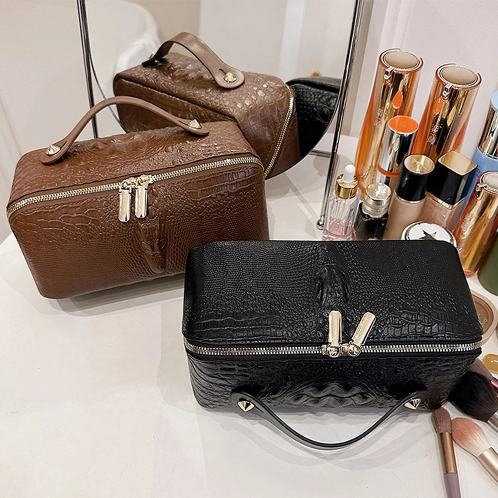 Bolsa de maquillaje con diseño de piel de serpiente, bolsa de cosméticos de cuero PU con asa, organizador de maquillaje, bolsa de almacenamiento de gran capacidad para mujeres y niñas