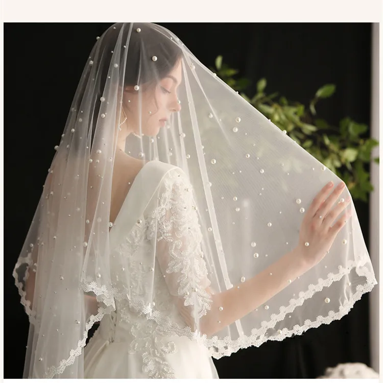 Met Kam Wit Lange Bridal Veil Twee Layer Met Parels Velos De Noiva Bruiloft Kralen Sluier