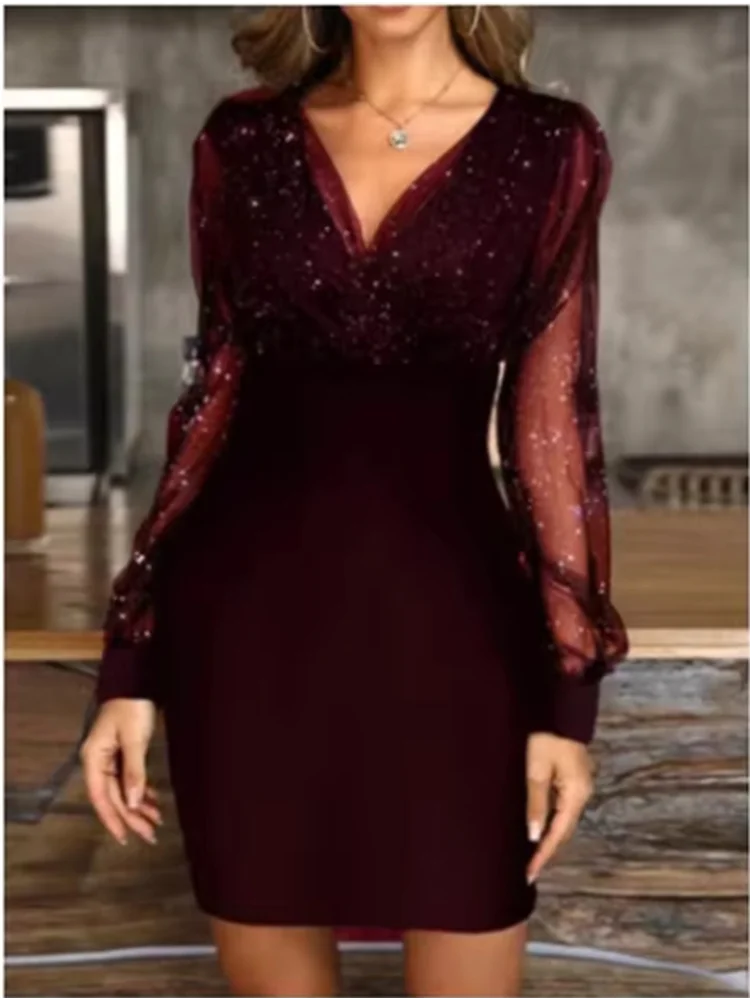 Solid Color Transparent Long Sleeved V-neck Sequined Women's Dress Fashionable Elegant Dating Party Autumn Dresses