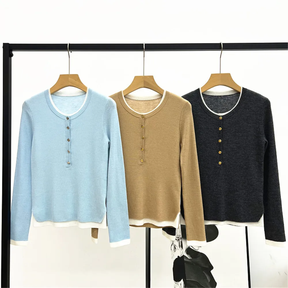 

Women's Clothing 25 Autumn/Winter New Item Fake Two-Piece Pullover Round Neck Long Sleeved Color Blocked Wool Knitted Sweater