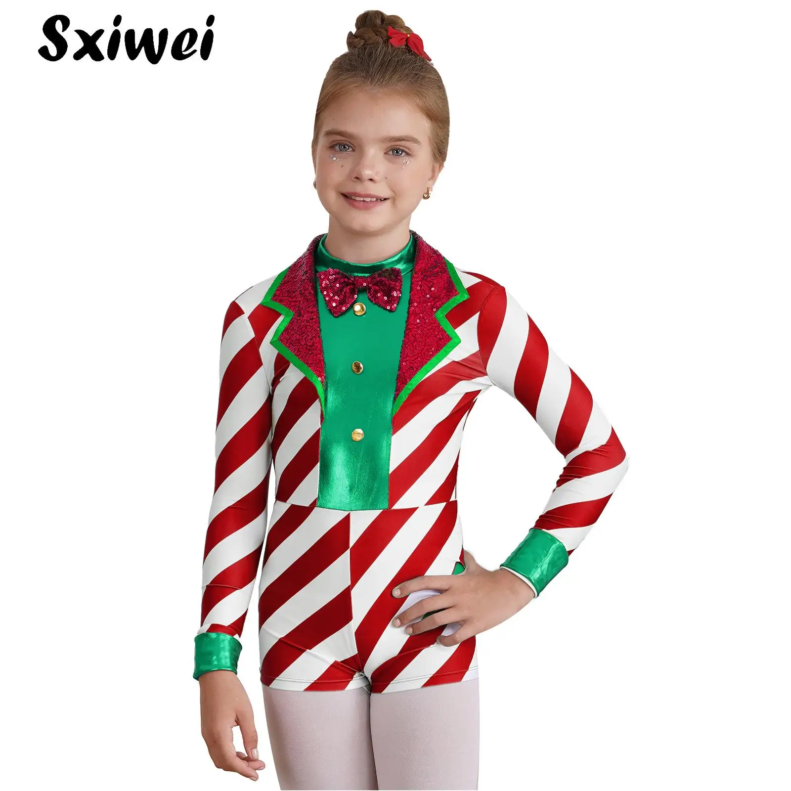 

Girls Candy Cane Striped Unitard for Christmas Sequin Long Sleeve Jumpsuit Dancewear Rhythmic Gymnastics Ballet Dance Leotard
