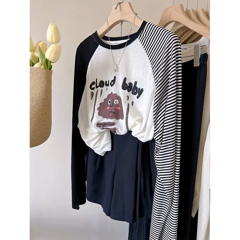 

Retro American Cartoon Print Loose round Neck Splice Sleeve Long Sleeve Sun Protection T-Shirt Women Thin Top Korean Style