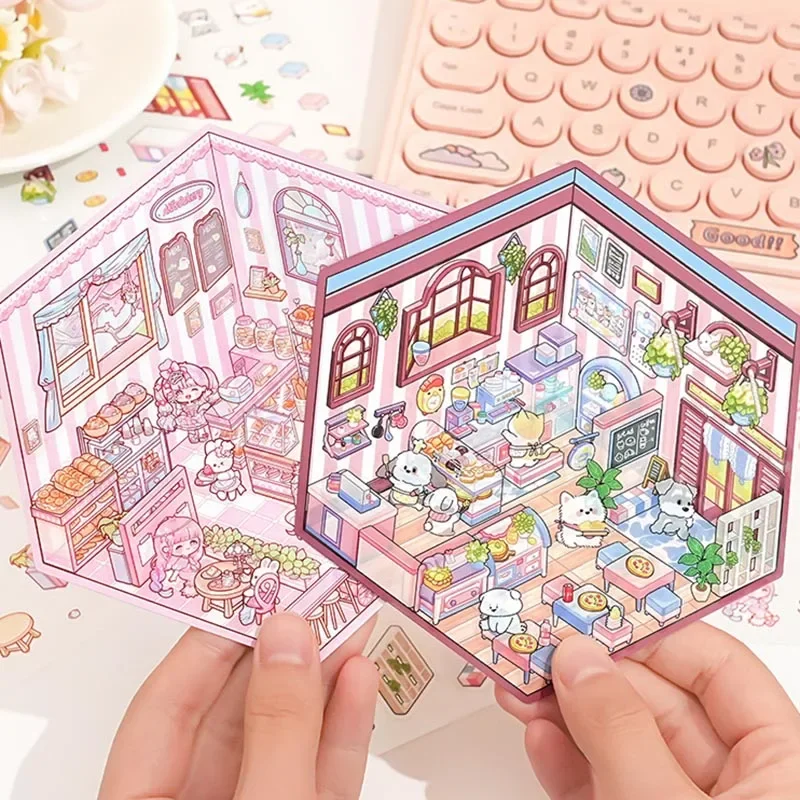 Card Lover 3 Pcs Ready Stock [Miniature Scene Series] 3D Three-Dimensional Stickers Shop Library Cartoon Journal Scene Sticker