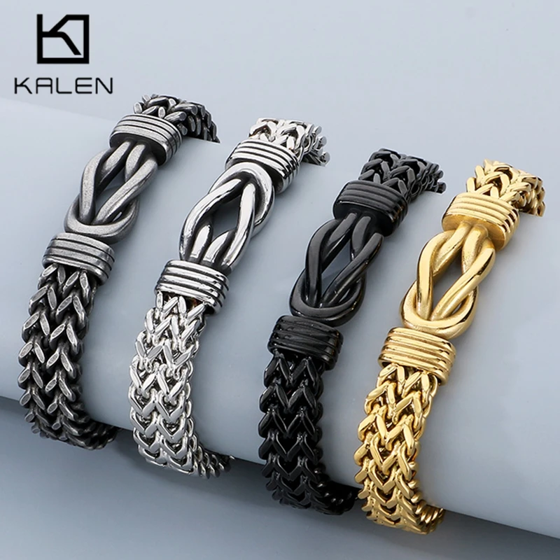 Vintage Rope Knot Charm Bracelet Men Punk Stainless Steel Double Row Chain Magnetic Clasp Meash Bangle Motorcycle Party Jewelry