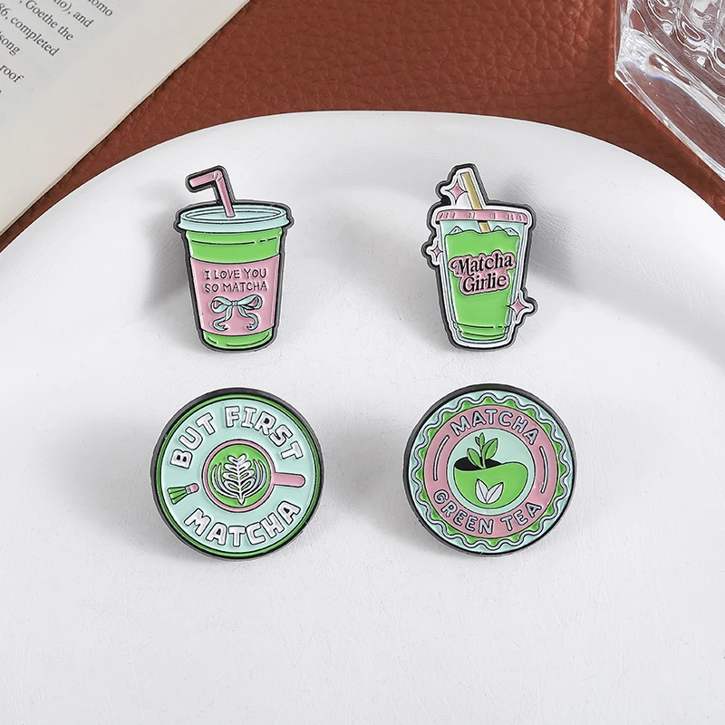 Matcha Girlie Enamel Pins Green Tea I Love You So Much Pun Brooches Lapel Badges Cartoon Cute Jewelry Gift for Kids Friends