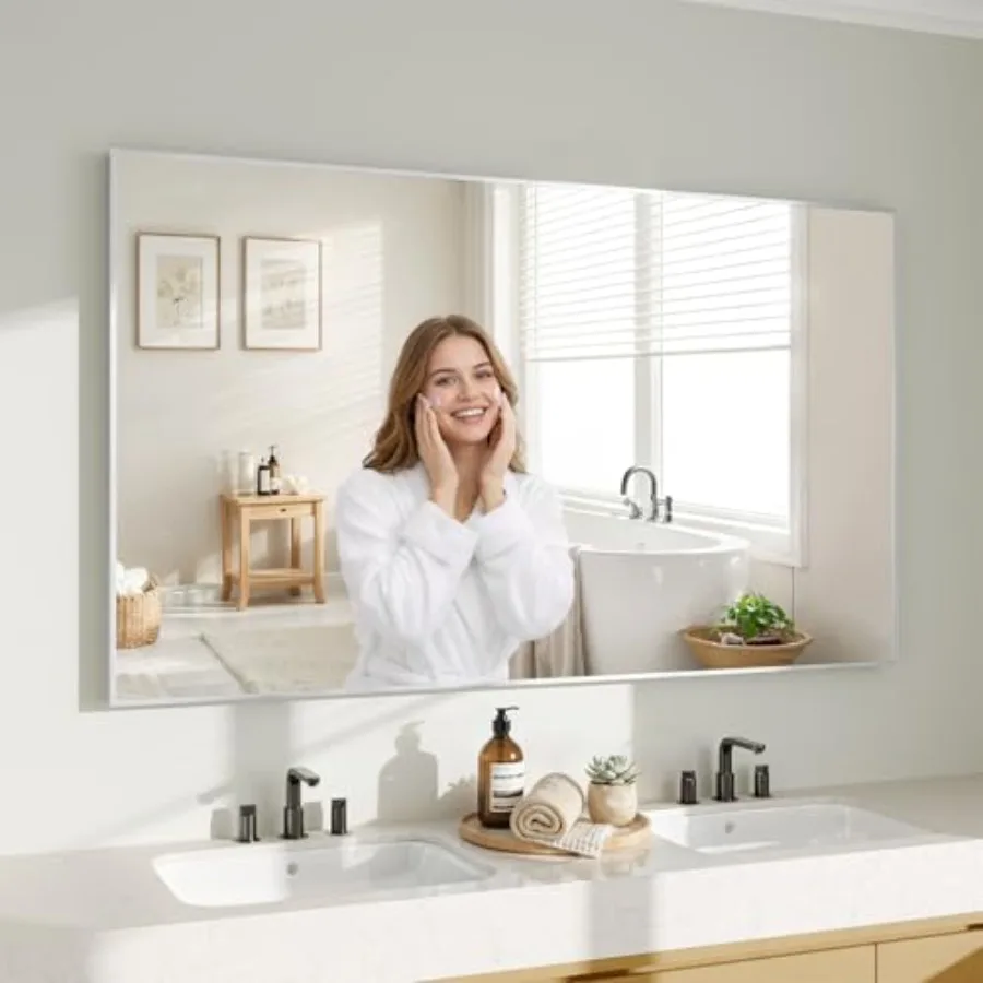 

Bathroom wall mirror for vanity use, aluminum frame, silver color, 30x55 inch rectangle shape, horizontal or vertical hanging,