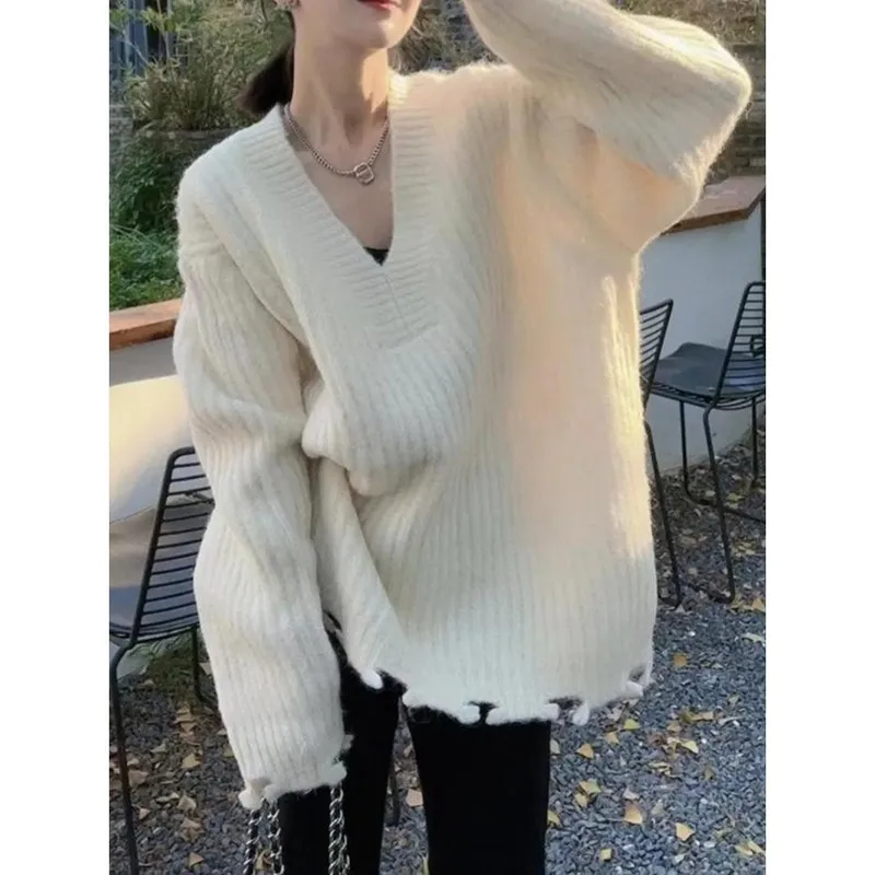 Pull ample à manches longues et col en v pour femme, vêtement décontracté de Style coréen, tricoté avec tout assorti, nouvelle collection automne 2023, D56