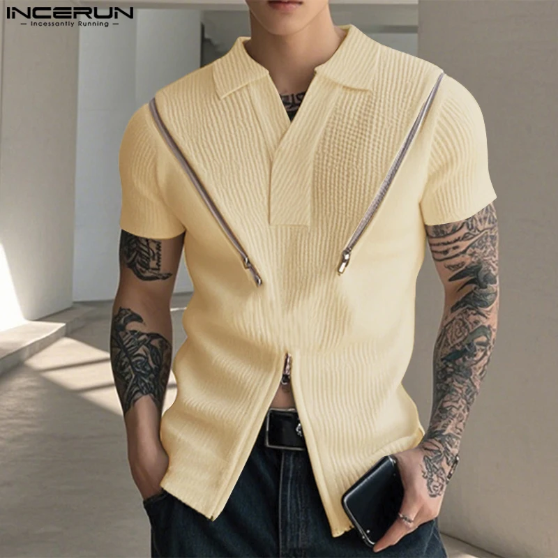 INCERUN Tops Korean Style Fashion Men's Deconstructing Metal Zipper Texture Shirts Summer Streetwear Lapel Short Sleeved Blouse