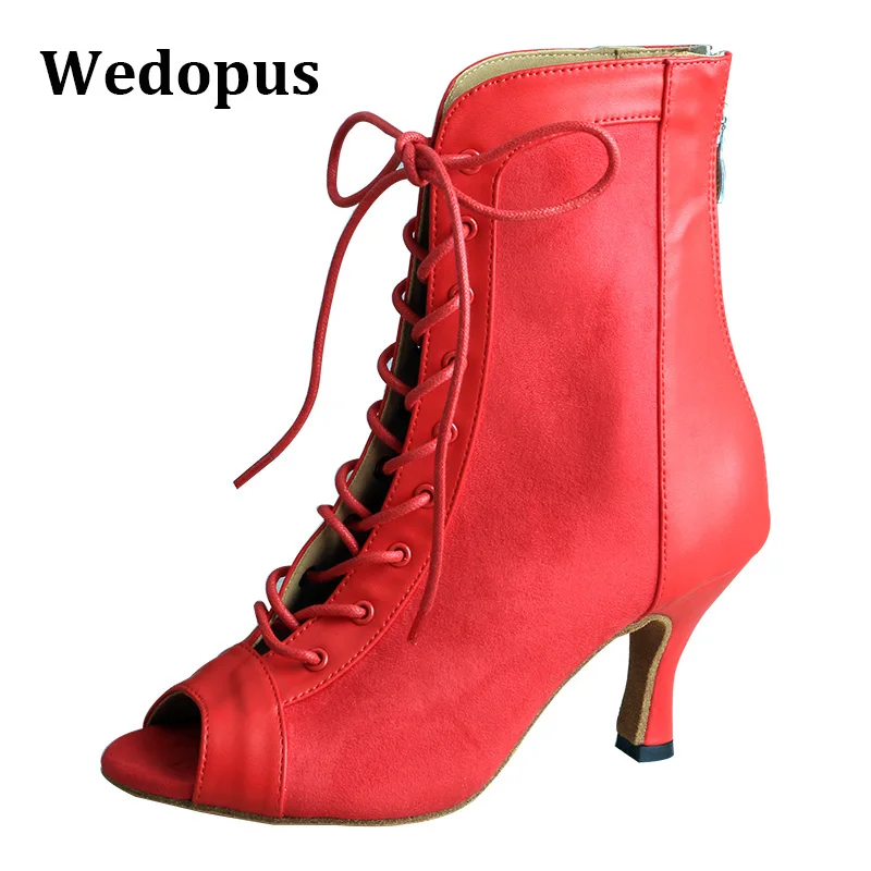 High Heel Dance Shoes Woman Red Latin Dance Booties Women Open Toe Lace Up Mid Heel Boots for Girls Suede Sole