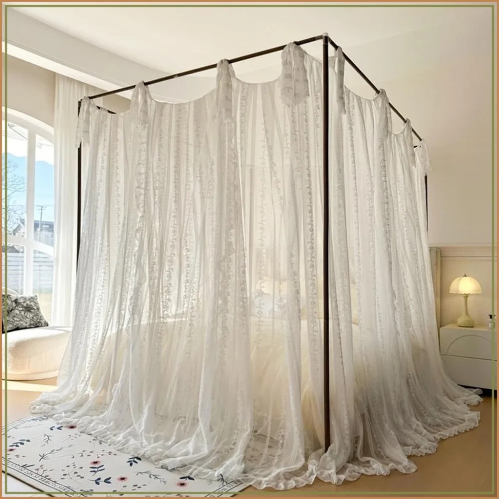 Lace Princess 4 Corner Mosquito Net Canopy for Bedroom Wedding Decoration (White-8, California King)