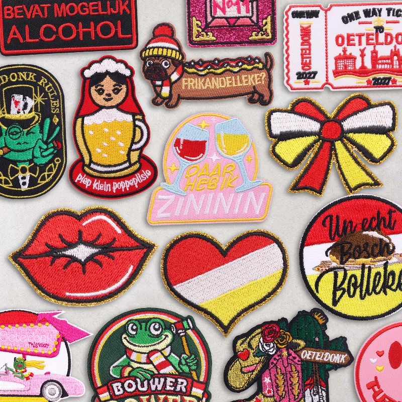 Dutch Oeteldonk Carnival Iron On Embroidery Patches Beer Wine Lips Hotdog Sew On Applique For Garment Bag Hat Festival DIY Decor