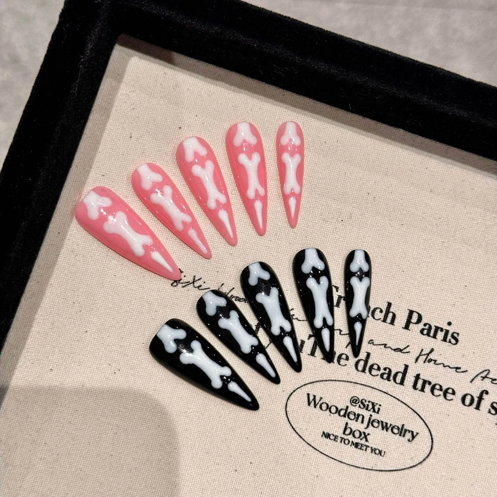 10 stücke Halloween-Thema drücken auf Nägel Gradient Katze Klaue Knochen handgemachte gefälschte Nägel rosa und schwarz lange Stiletto falsche Nagel flecken