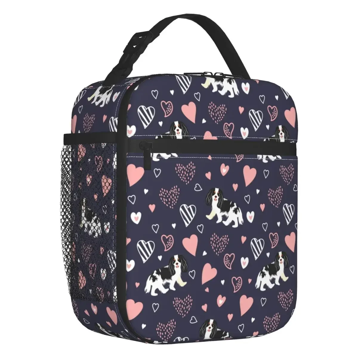 

Love Black White Cavalier King Spaniel Portable Lunch Boxes Leakproof Blue Dog Thermal Cooler Food Insulated Lunch Bag