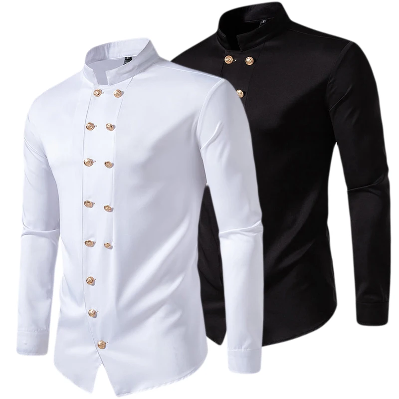 

2024 New Men's Double-breasted Long-sleeved Shirt Vintage Henry Collar Solid Color Dress Shirt